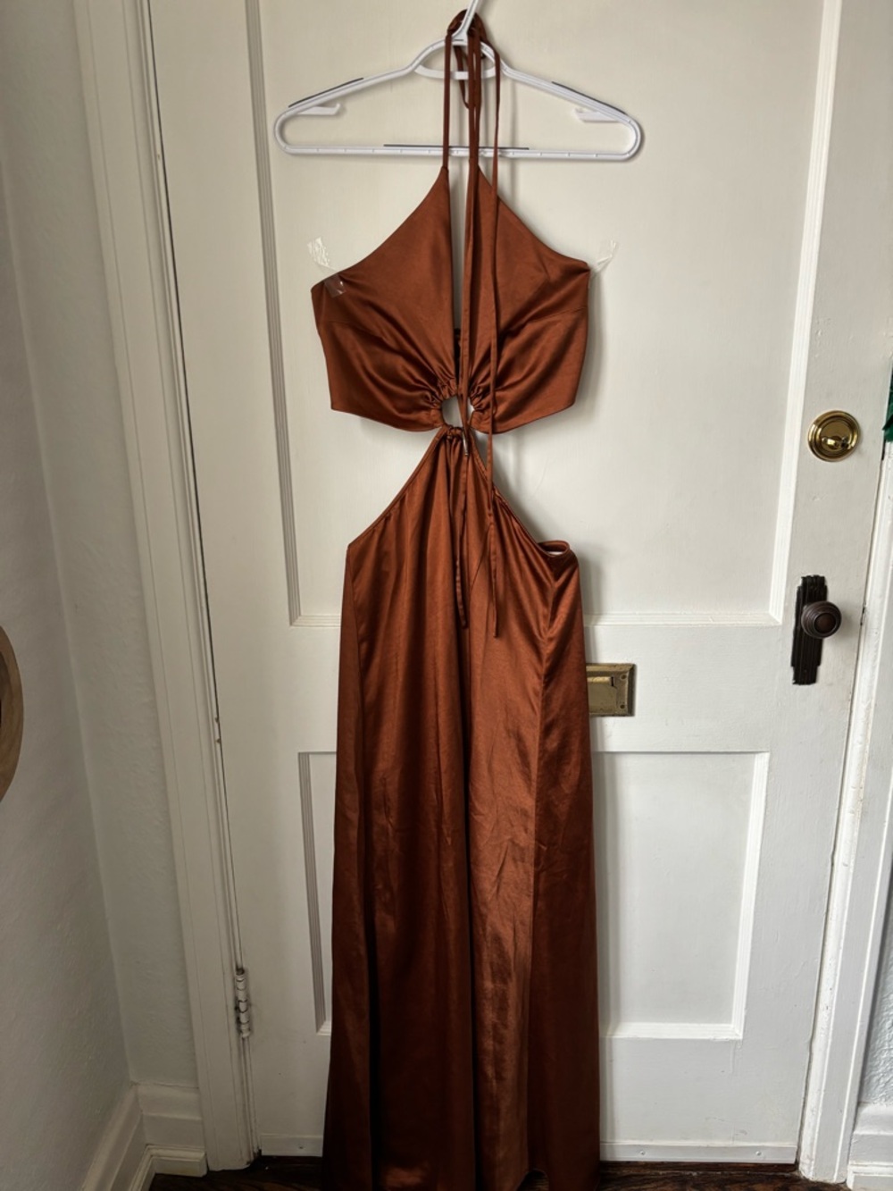 LPA Backless Satin Tie-Back Dress in Rich Copper Brown